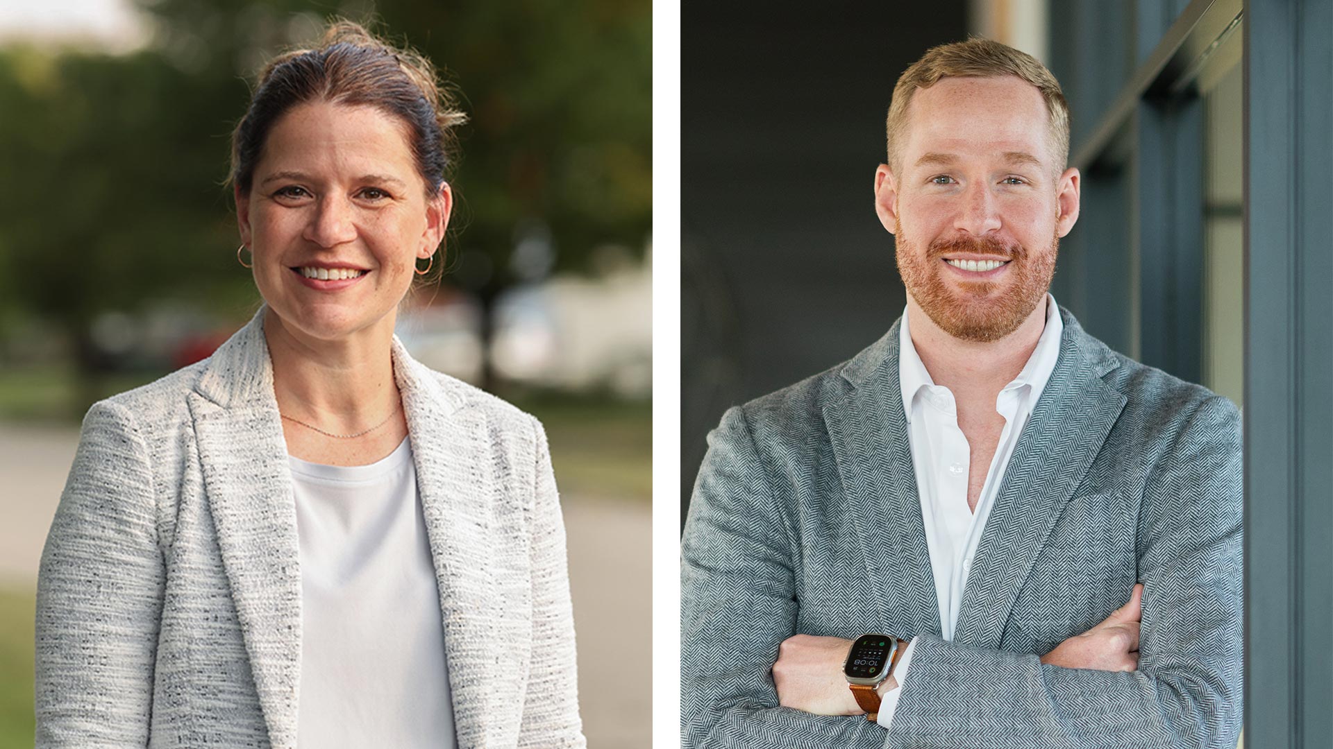 headshot of Stephanie Moulton on the left and Sam McCoy on the right