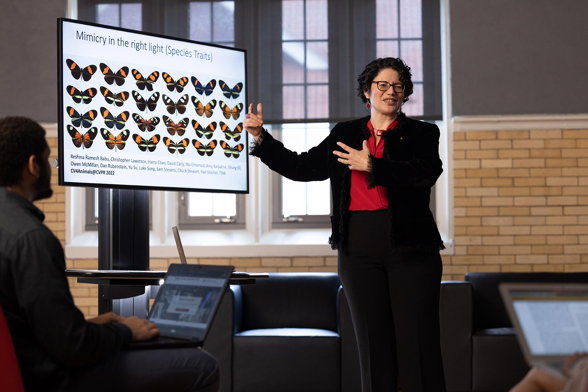 Photo of Tanya Berger-Wolf demonstrating Imageomics