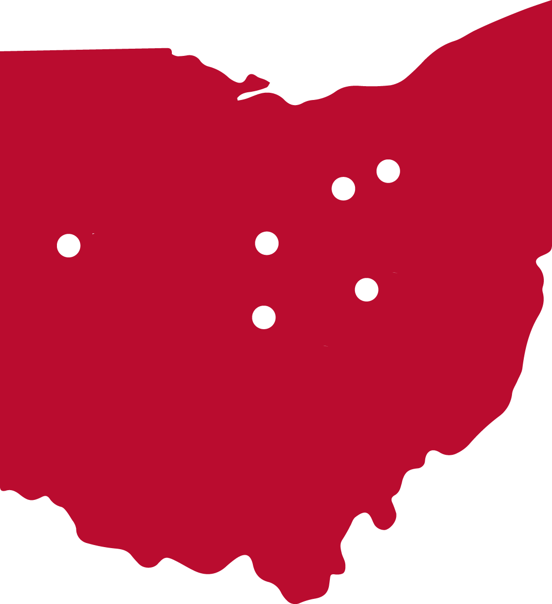 A red map of Ohio with indicators for Ohio State’s Lima, Columbus, Newark, Marion, Mansfield and Wooster campuses.