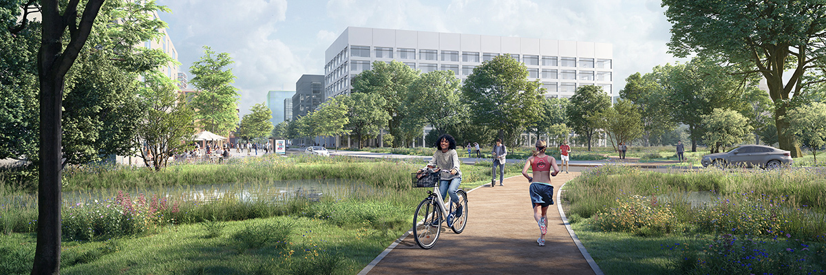 Rendering of Carmenton greenway with bikers and runners near a pond