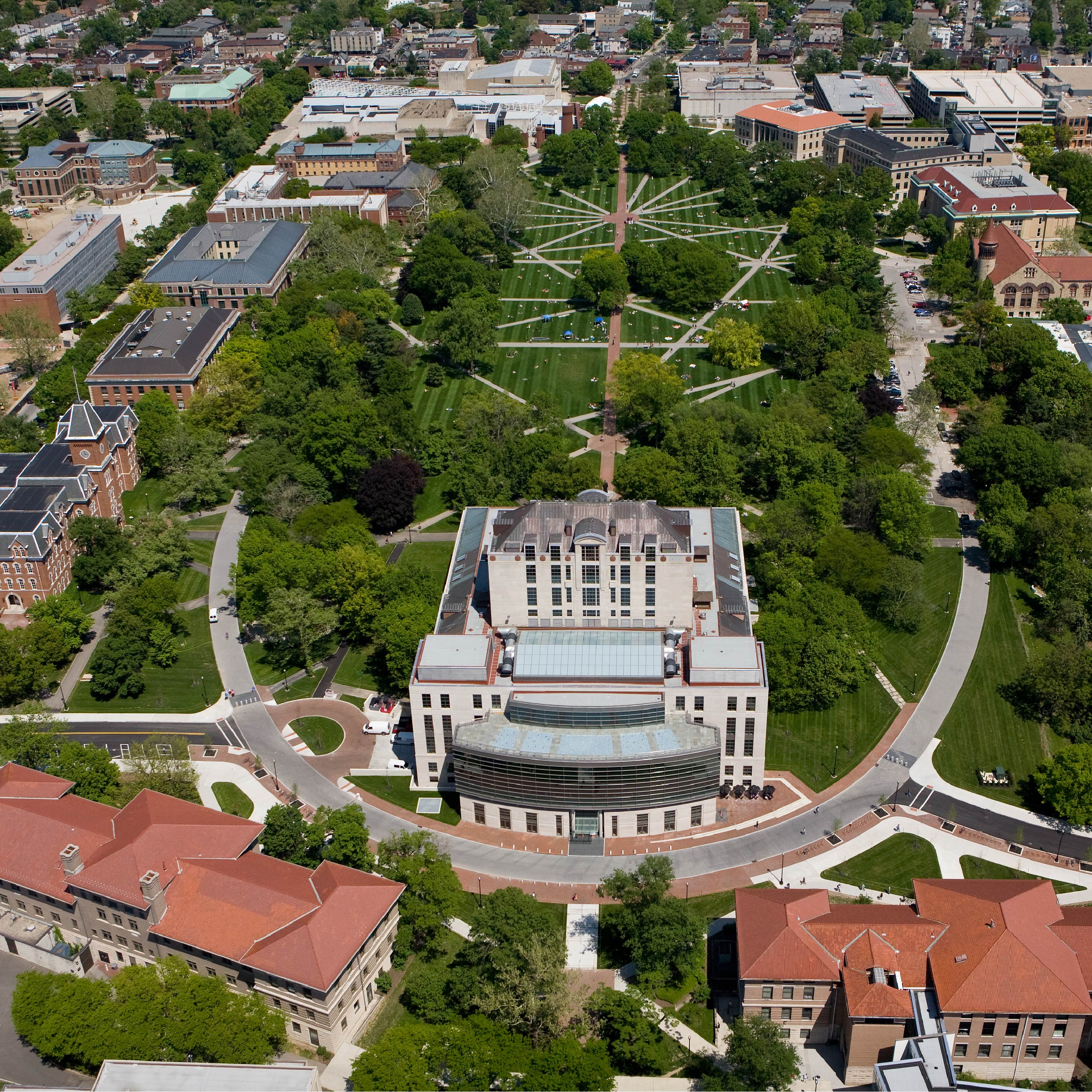 An aerial view of the Oval on Ohio State's Columbus Campus.