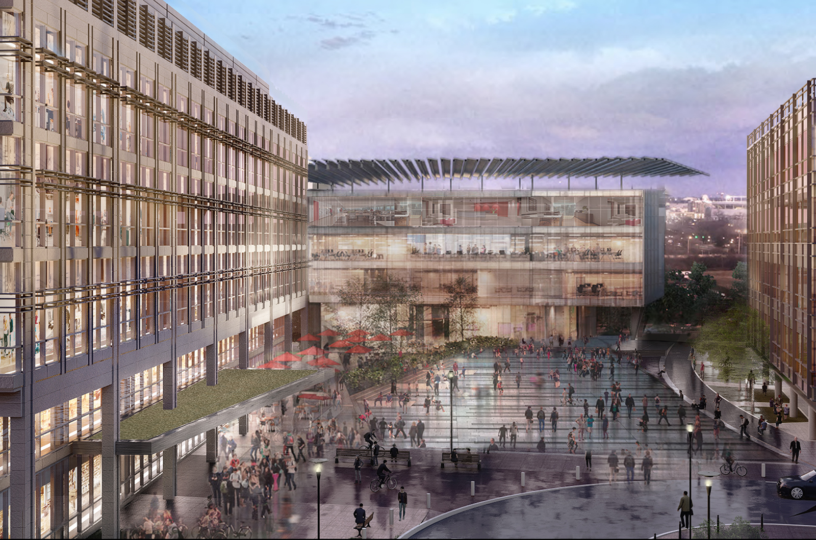 Rendering of Carmenton at dusk with a crowd of people far down below on the sidewalk