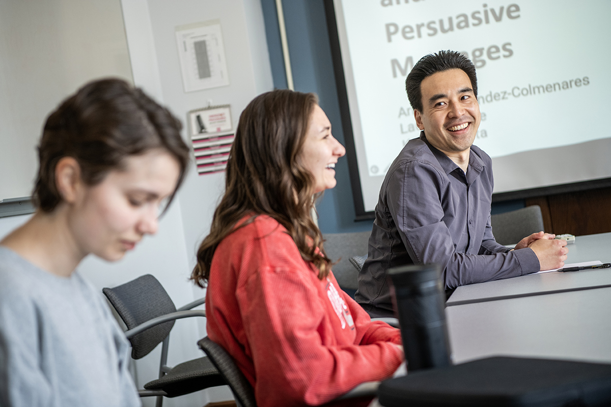 Ohio State faculty member Kentaro Fujita reacts during a class at Ohio State.