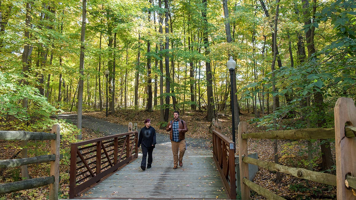 Two students walk across a wooden bridge in a wooded area of the Mansfield campus