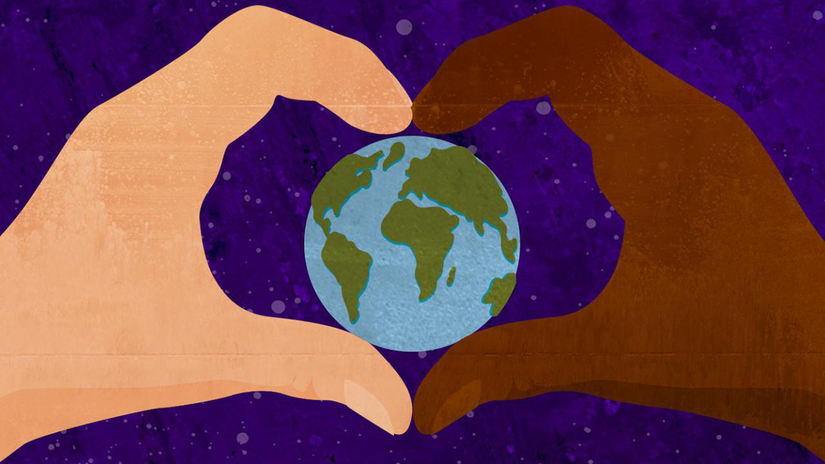 Two hands making a heart symbol with the Earth inside of it