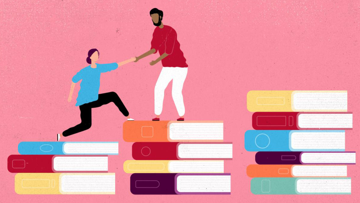 An illustration of one person helping another onto a taller stack of books