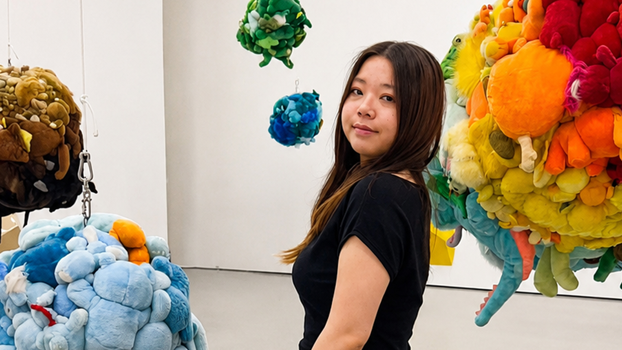 Ohio State student Anqi Chen poses in front of colorful art