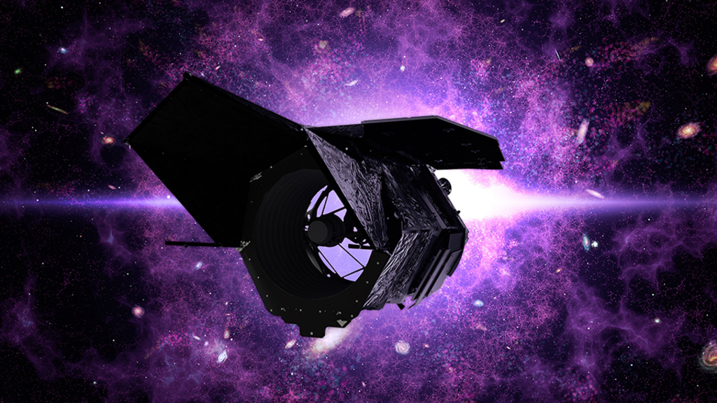 Artist rendering of a space telescope over a purple background