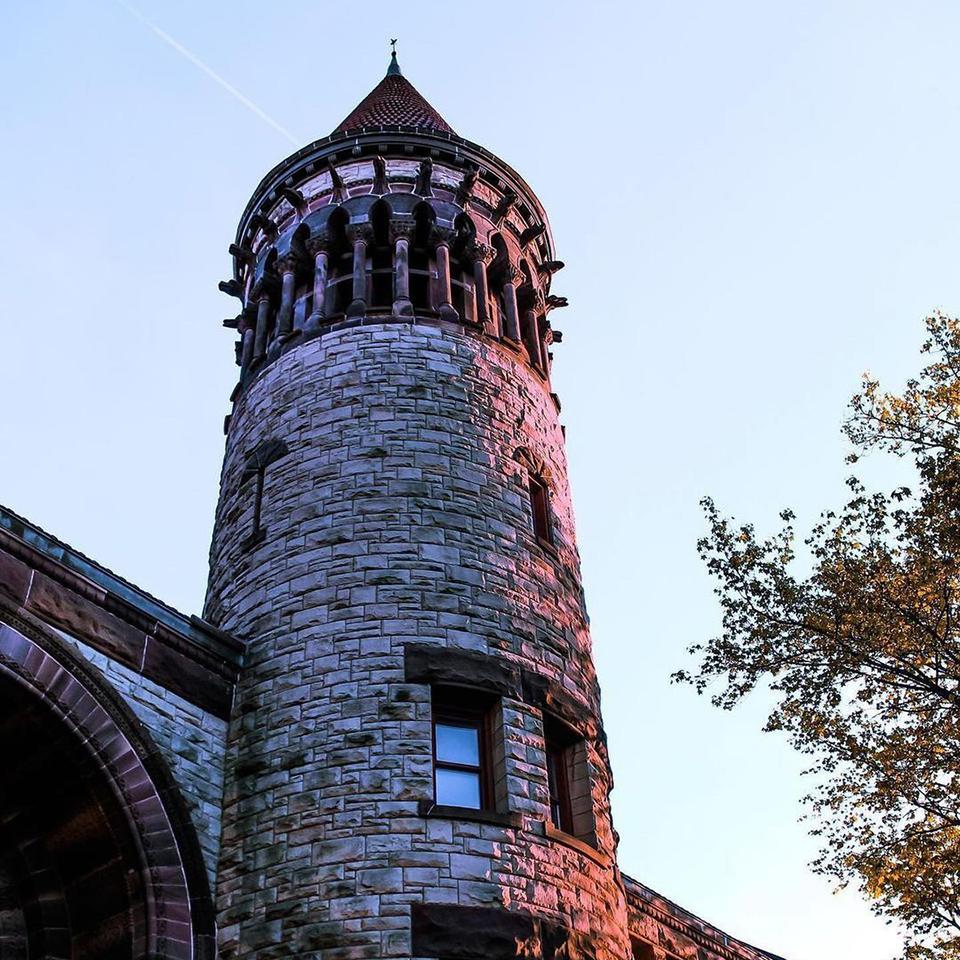 The Orton Hall bell tower at dusk