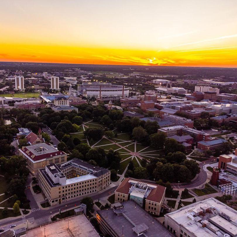 Aerial view of Ohio State campus during sunset
