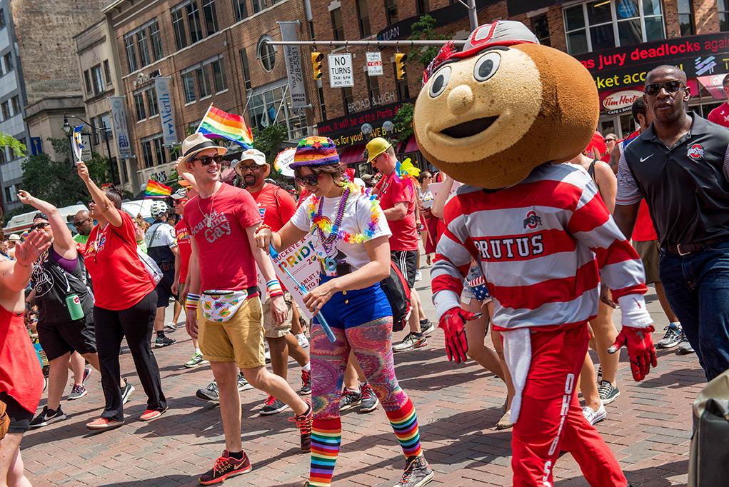 Brutus walks with participants in Columbus Pride Parade