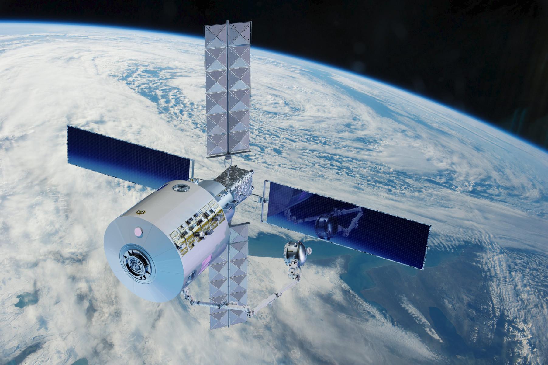Satellite floating above Earth's cloudy surface