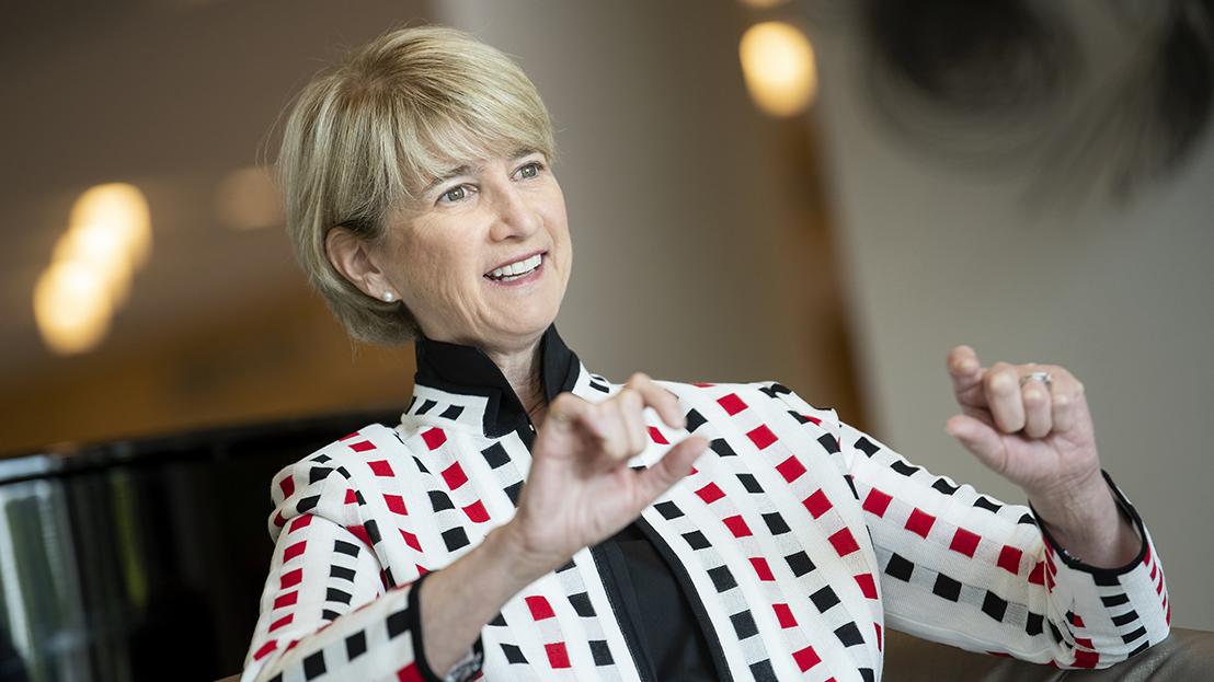 Ohio State President Kristina M. Johnson gestures